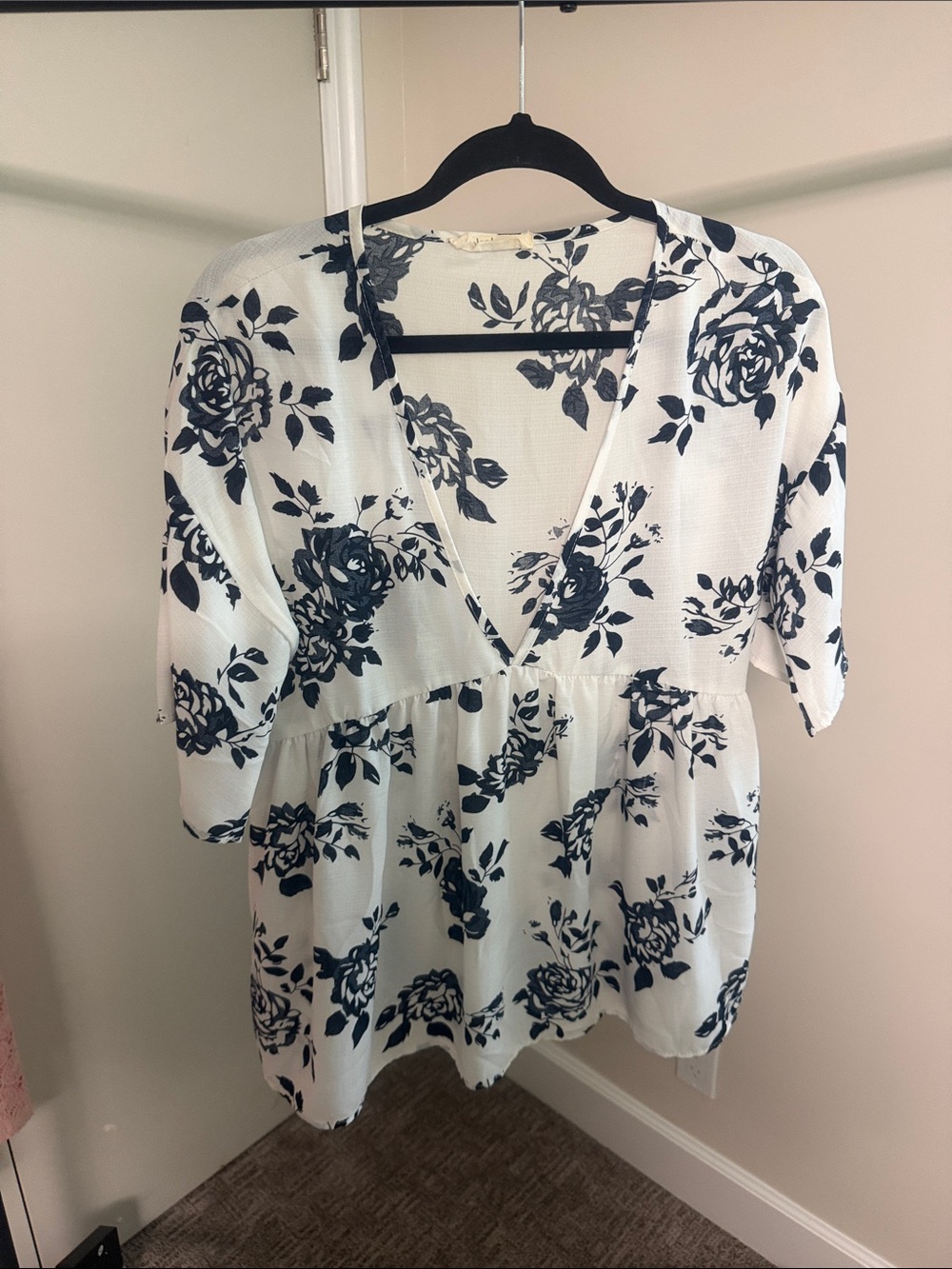 V-Neck White Tunic Top with Navy Floral Print